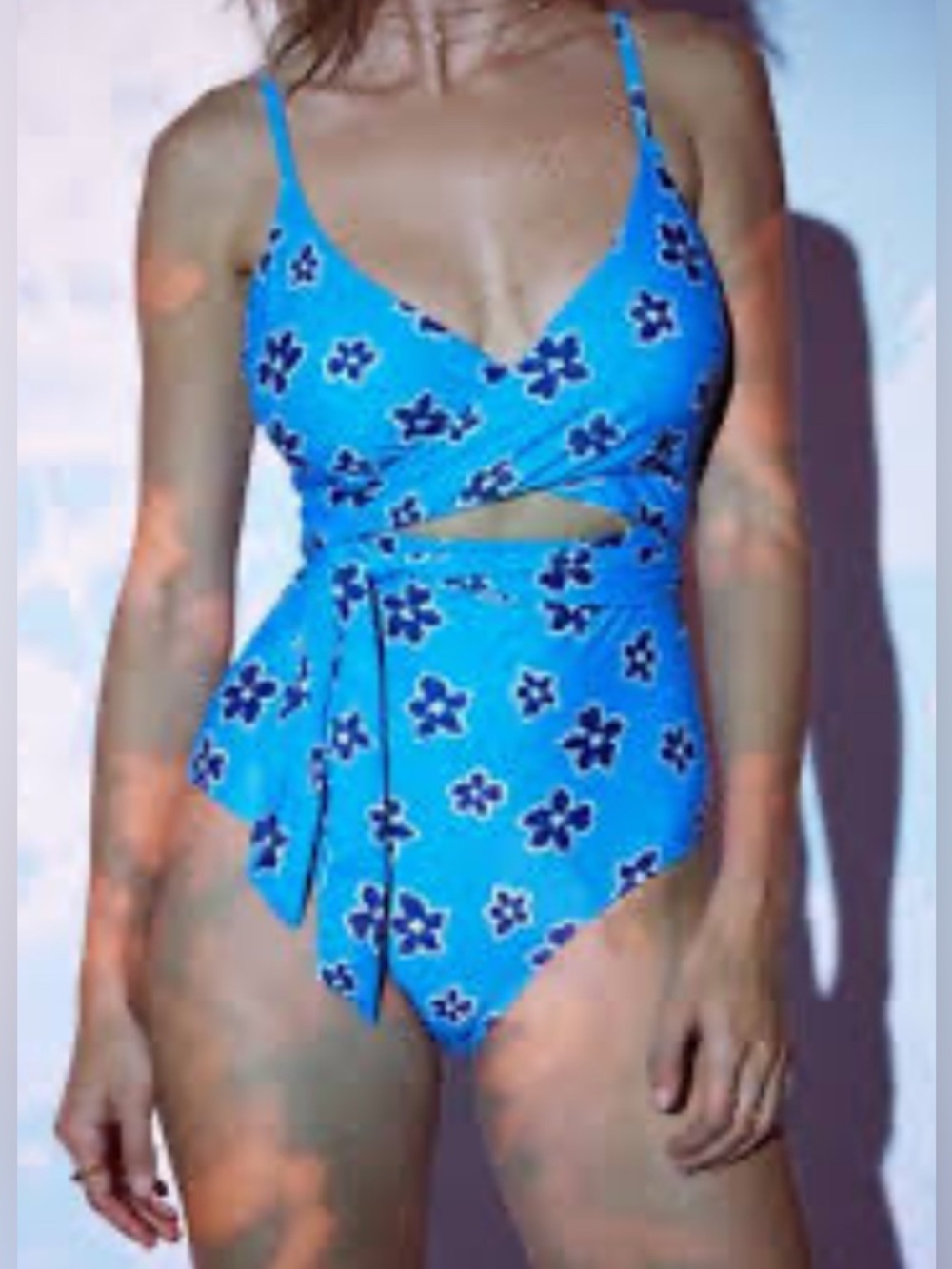 Aerie Blue Floral Wrap Front One-Piece Swimsuit Cutout Tie Waist